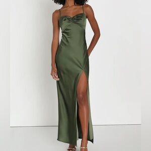 Lulus NWT Serene Beauty Olive Green Satin Ruched Backless Maxi Slip Dress
